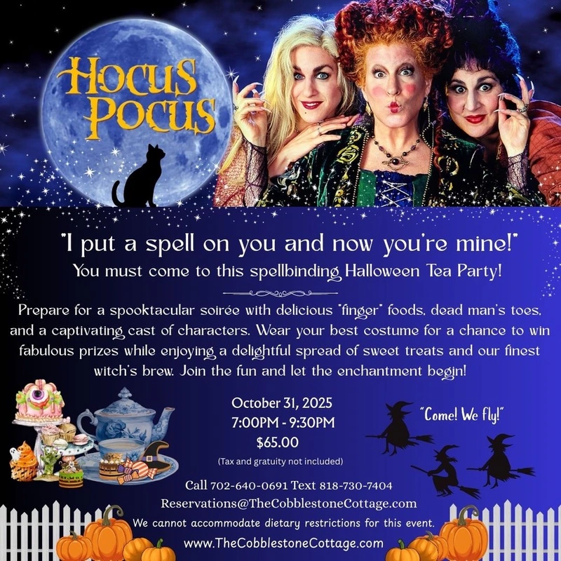 Promotional image for a Hocus Pocus Halloween Tea Party featuring the three Sanderson sisters in costume, event details, and festive Halloween decorations like pumpkins, teacups, and a broomstick.