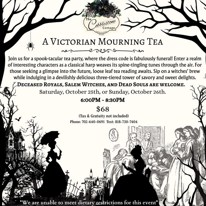 Flyer for โA Victorian Mourning Teaโ features vintage-type fonts, black-and-white Victorian-style illustrations of people in formal attire, and themed event details. Decorative borders and a harp silhouette complete the gothic aesthetic.
