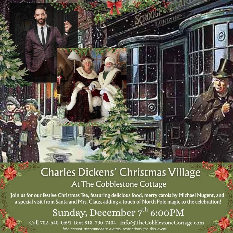 A festive holiday flyer features Santa and Mrs. Claus sitting together, a man in a suit, and a vintage streetcar backdrop, promoting Charles Dickens’ Christmas Village at The Cobblestone Cottage on December 7th at 6:00 PM.