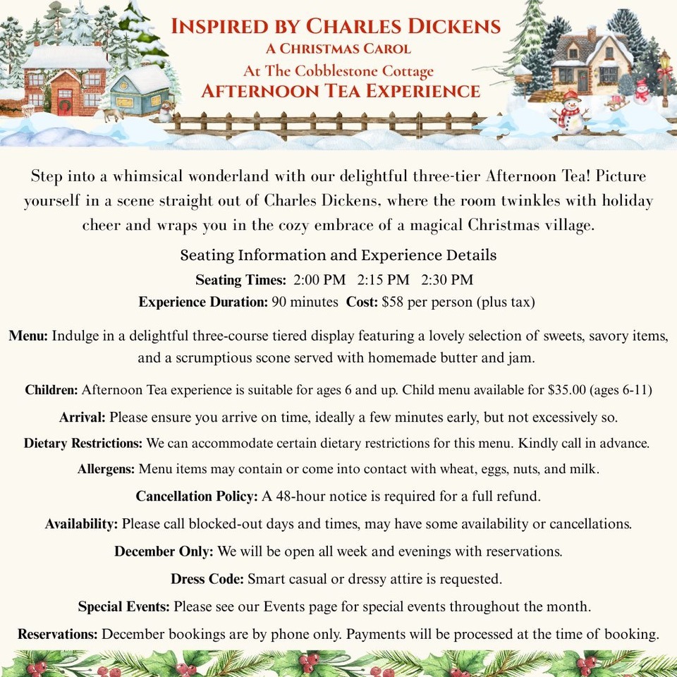 Flyer for a Christmas Dickens-themed afternoon tea with event details: dates, times, price, menu highlights, child menus, allergy info, cancellation policy, and venue address. The flyer is decorated with holly and festive illustrations.