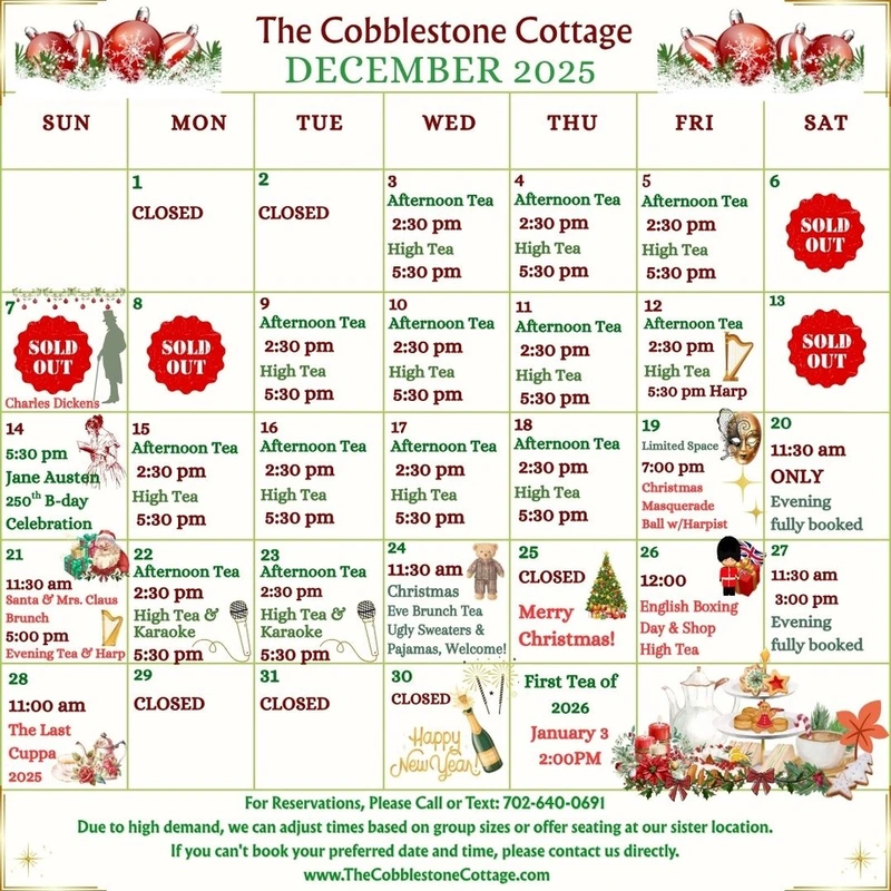 December 2025 calendar for The Cobblestone Cottage, showing themed afternoon teas, some sold-out dates, special events like “Breakfast with Santa,” and various closing dates. Festive holiday decorations border the calendar.