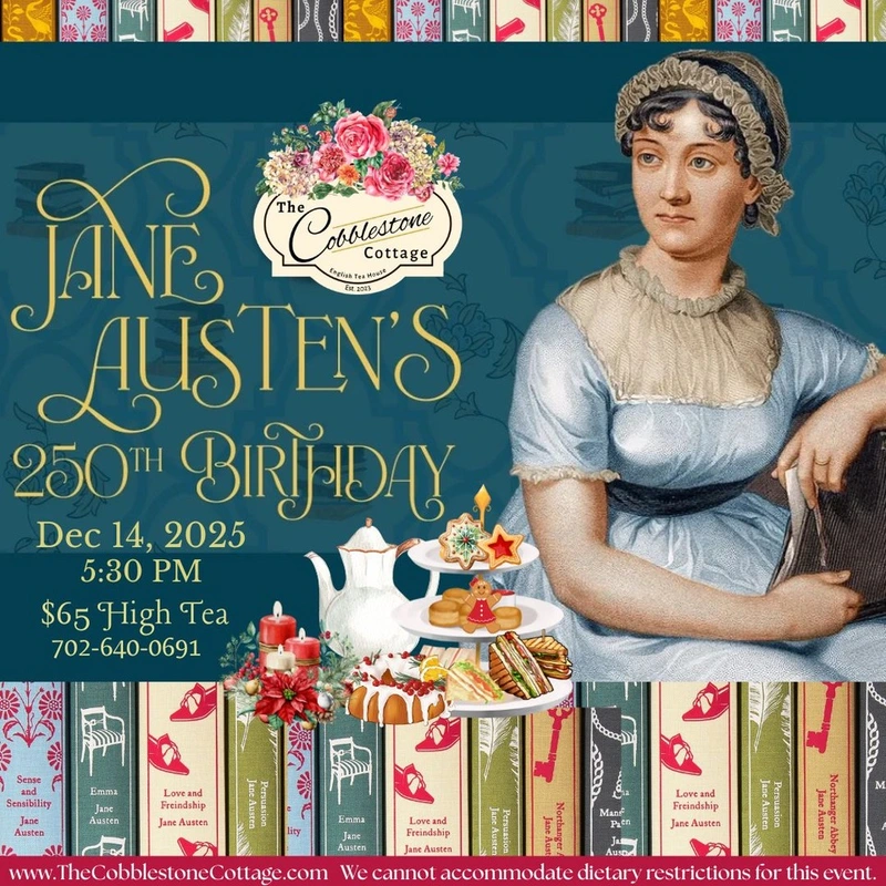 Invitation for Jane Austens 250th birthday high tea event, featuring an illustration of Jane Austen, tea set with pastries, and colorful book spines. Event details and contact information are included.