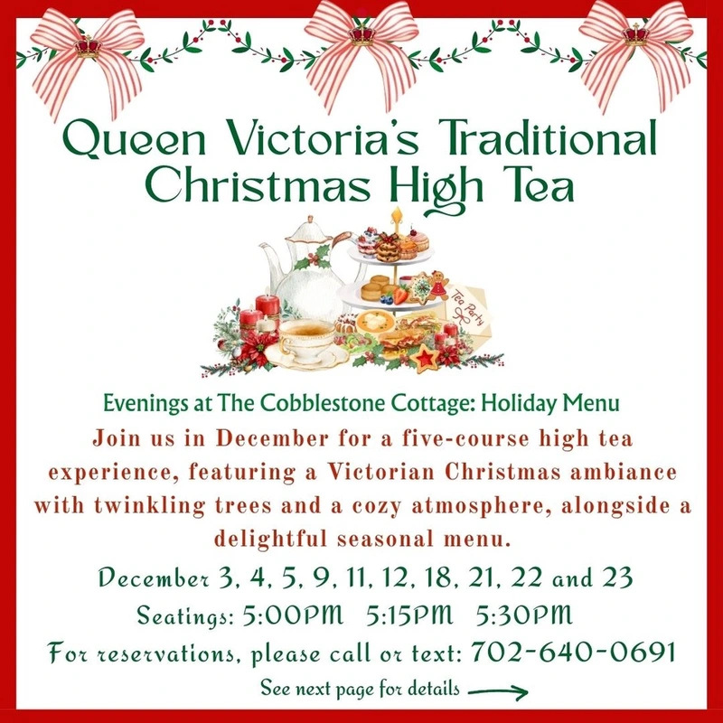 Festive invitation for Queen Victoria’s Traditional Christmas High Tea, featuring a tea set, holiday decor, and event details. Red and green bows, holly, and ornaments enhance the invitation’s holiday theme.
