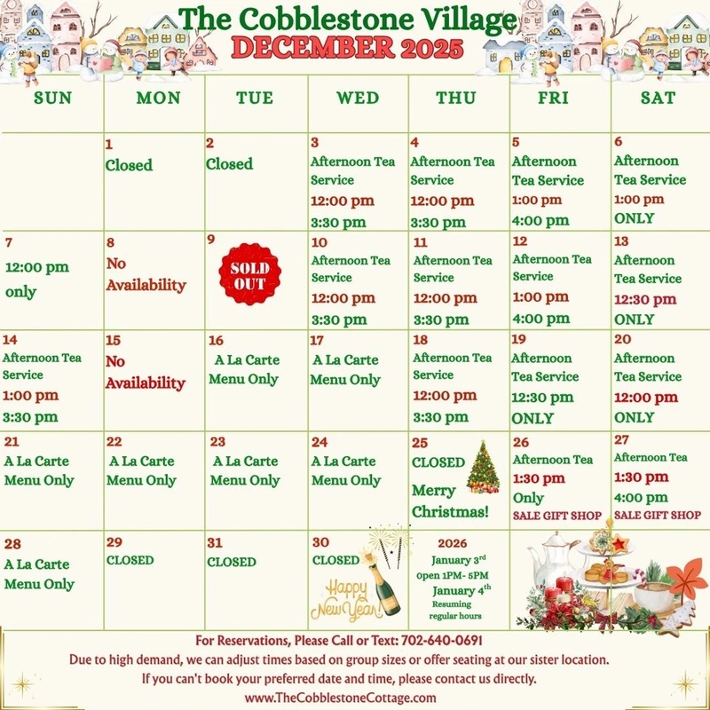 A festive December 2025 calendar for The Cobblestone Village shows afternoon tea service times, holiday hours, closures, and special events like a Christmas sale and gift shop. Christmas and New Years decorations border the calendar.
