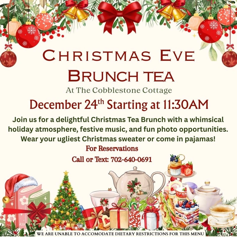 Festive Christmas Eve brunch tea invitation with holiday decorations, gifts, a teapot, and treats. Event details and contact number are displayed, encouraging guests to wear ugly sweaters or pajamas.