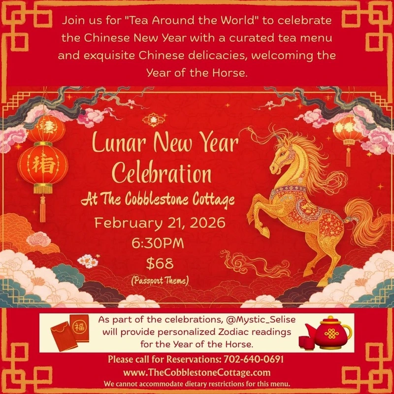 A festive invitation with Chinese motifs for a Lunar New Year celebration at The Cobblestone Cottage, featuring a golden horse, lanterns, event details, and highlights including tea, Chinese food, and zodiac readings, on a red background.
