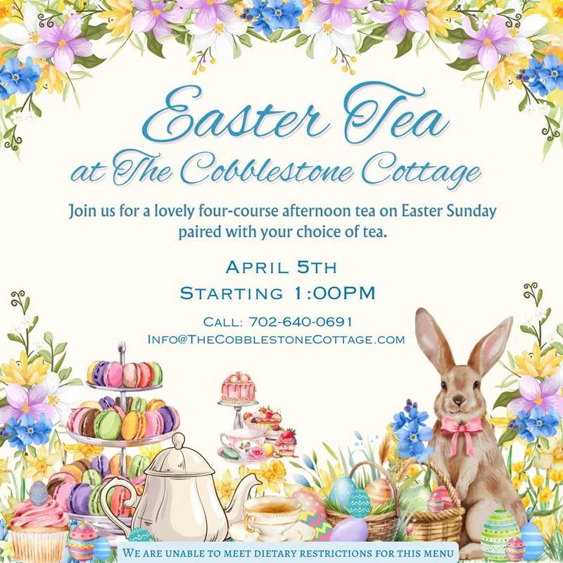 Invitation for Easter Tea at The Cobblestone Cottage on April 5th at 1:00 PM with floral borders, pastel treats, Easter eggs, a bunny with a pink bow, and event contact details at the bottom.