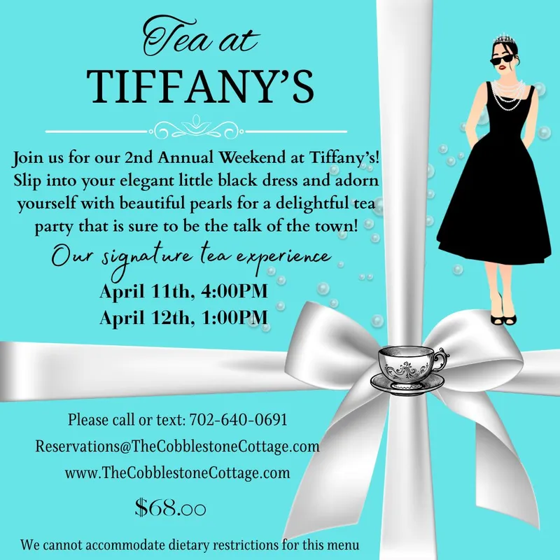 Invitation for a Tea at Tiffany’s event, featuring a woman in a black dress and pearls, with details about dates, times, contact info, price, and a teacup illustration on a blue background with a silver ribbon.