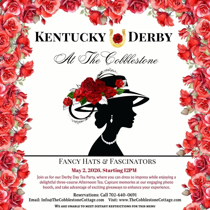 Kentucky Derby event flyer with a silhouette of a woman wearing a fancy hat surrounded by red roses. Event details: May 2, 2026, 12 PM at The Cobblestone. Includes tea, photo booth, and giveaways.