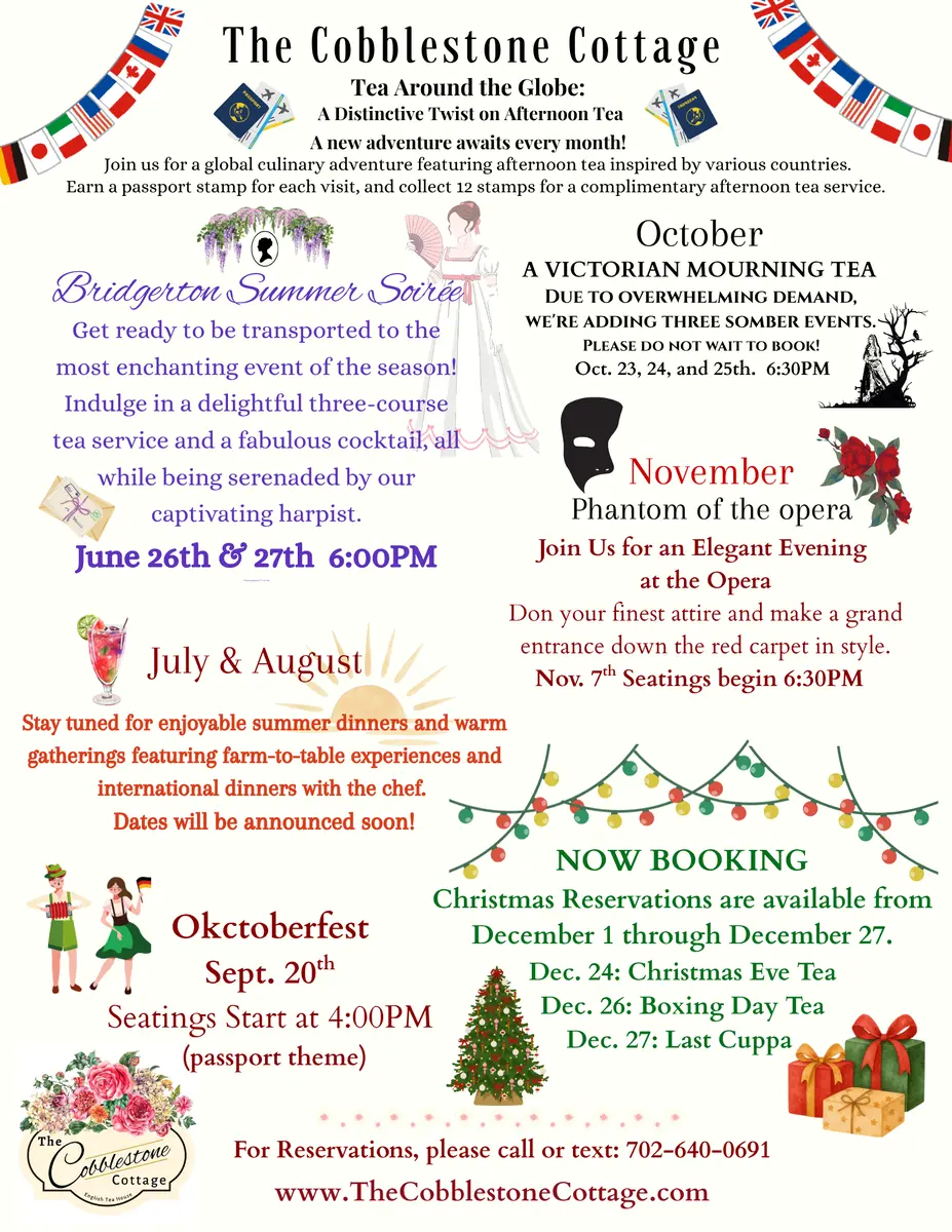Colorful flyer for The Cobblestone Cottage’s themed teas, featuring details on events like Bridgerton Summer Soiree, Victorian Mourning Tea, Harry Potter tea, Oktoberfest, and Christmas teas, decorated with festive graphics.