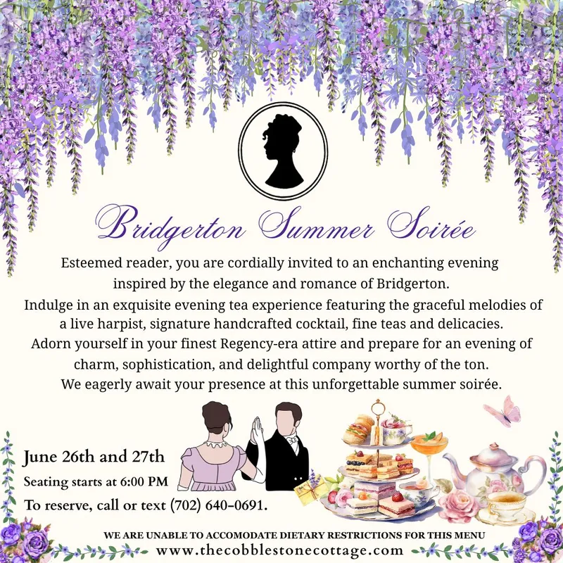 Invitation for a Bridgerton-themed summer soirée with wisteria flowers overhead, elegant text, Regency-era silhouettes, food and tea illustrations, and event details for June 26th and 27th at The Cobblestone Cottage.