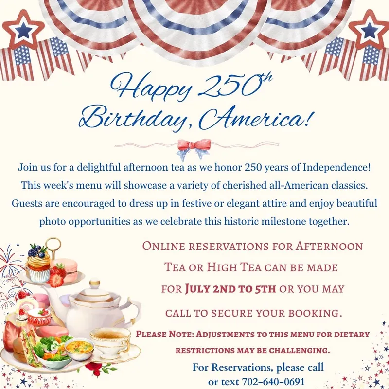 A festive 4th of July-themed afternoon tea invitation with red, white, and blue decorations, teacups, teapot, desserts, and text inviting guests to celebrate America’s 250th birthday from July 2nd to 5th.