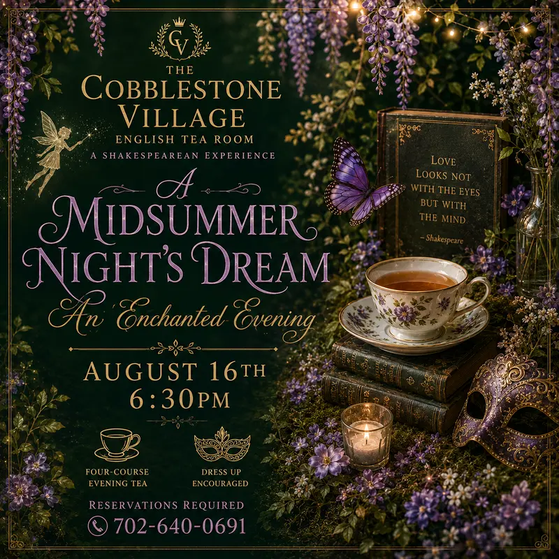 An ornate invitation for A Midsummer Nights Dream: An Enchanted Evening tea event with flowers, teacup, book, mask, and fairy lights. Event details and phone number appear in elegant script.