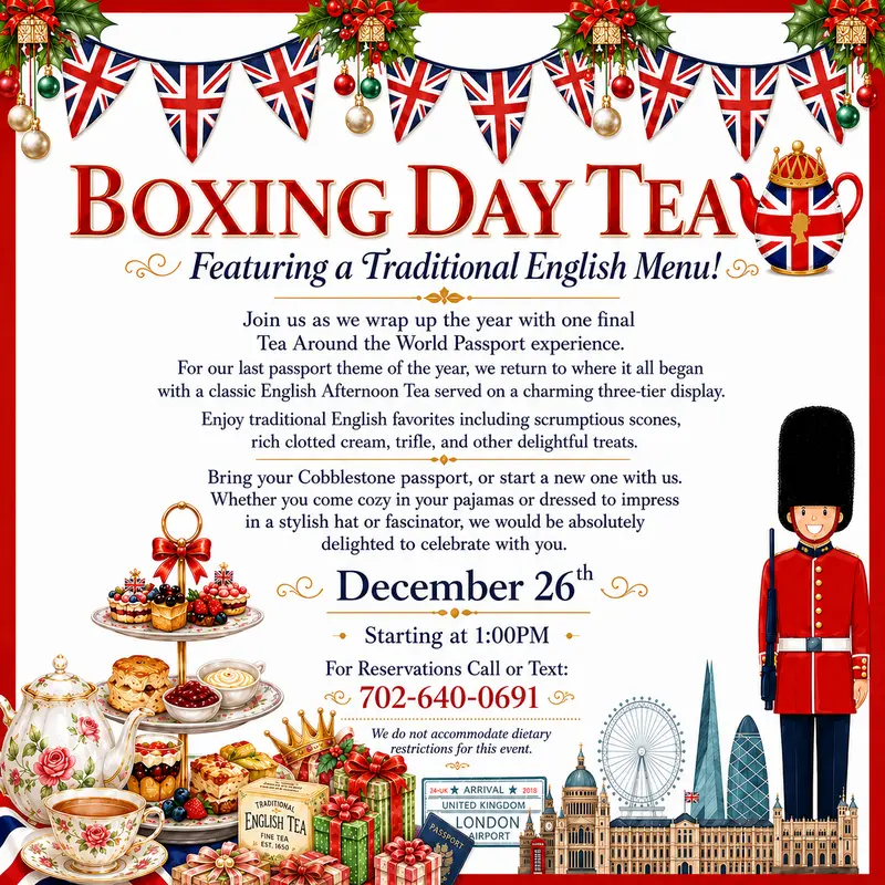 A Boxing Day Tea event poster with British flags, a royal guard, pastries, tea, and London landmarks. Details describe a traditional English menu for a December 26th celebration with RSVP information.