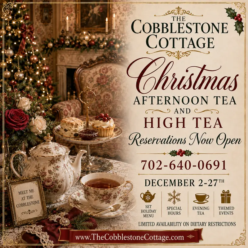 A festive table with tea, desserts, a decorated Christmas tree, and a sign for The Cobblestone Cottages Christmas Afternoon Tea and High Tea event, with details on reservations and dates.