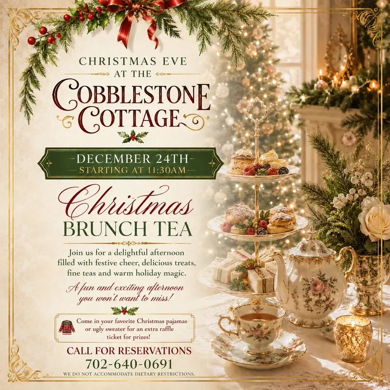Elegant Christmas brunch tea invitation with festive decorations, fine china, and tiered trays of treats, announcing an event at Cobblestone Cottage on December 24th, starting at 11:30 AM. Reservation and attire details included.