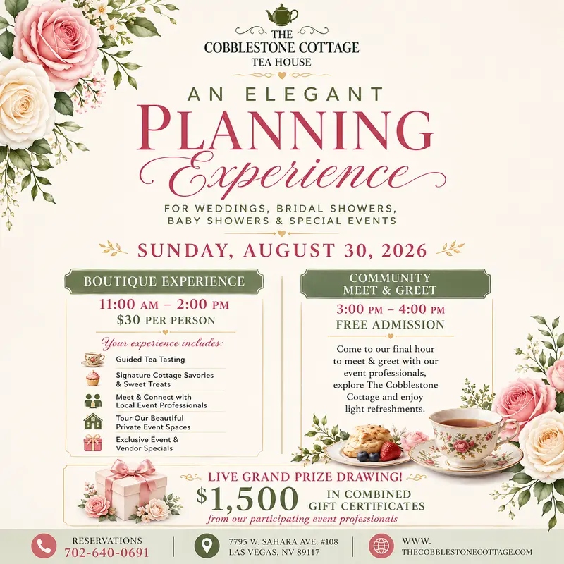 Floral-themed flyer for The Cobblestone Cottage Tea House promoting an event on August 30, 2026, with boutique experience, meet & greet, and a $1,500 gift certificate drawing. Elegant pink, cream, and green design.