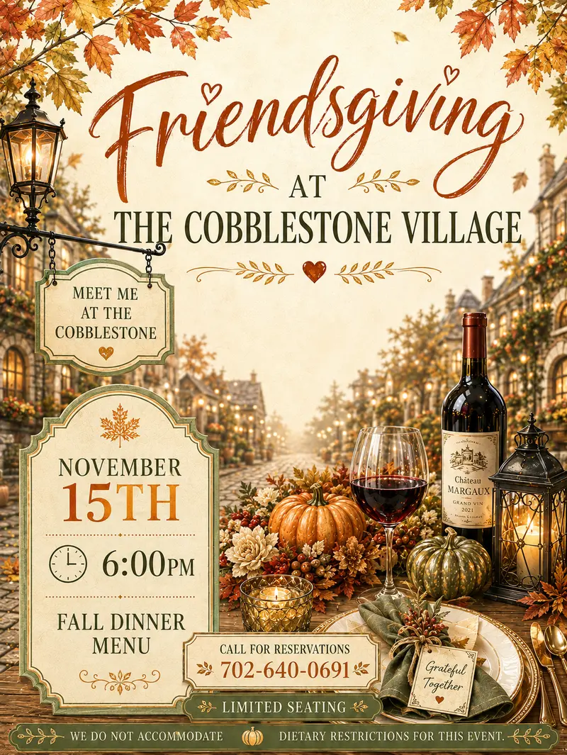 Festive Friendsgiving invitation with autumn leaves, pumpkins, food, a wine bottle, and a cozy village setting. Event is at The Cobblestone Village, November 15th, 6pm. Reservation phone number and details included.