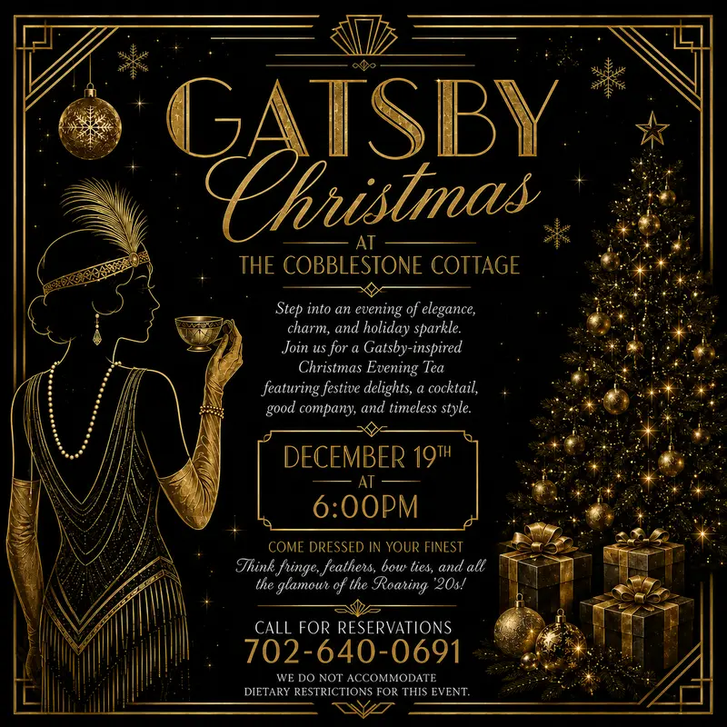 Art Deco-style invitation for Gatsby Christmas at The Cobblestone Cottage, featuring a flapper woman, a decorated Christmas tree, and event details in gold and black with elegant, vintage holiday design elements.