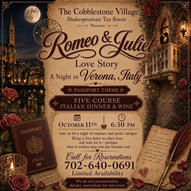 Romantic Shakespearean-themed dinner event poster with vintage décor, Italian wine, roses, a balcony scene, and invitations. Details include date, time, menu, contact info, and reservation instructions.
