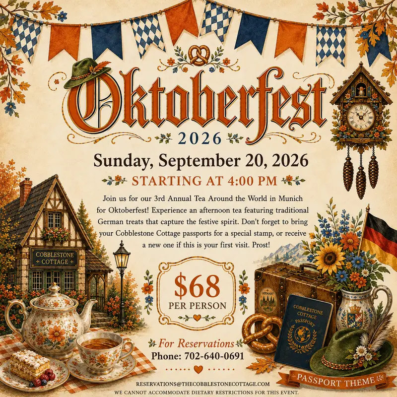 A vintage-style Oktoberfest invitation with teapots, mugs, pretzels, a cottage, and travel-themed items. Event is on September 20, 2026, $68 per person. Reservation info and decorative banners appear.