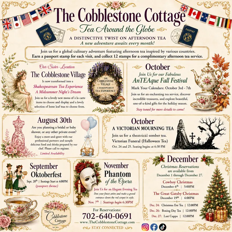 The Cobblestone Cottage event flyer features elegant text, vintage illustrations, and flags, detailing themed afternoon tea events inspired by literature and festivals from August to December. Reservation info and a decorative border are included.