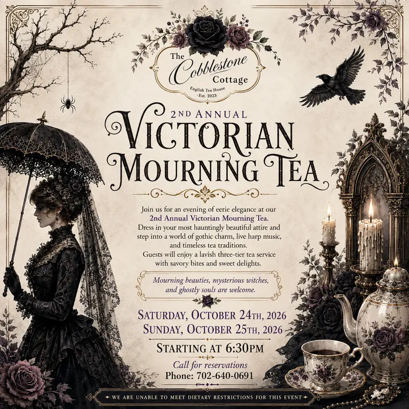 Victorian Mourning Tea event flyer with a woman in black attire, gothic decor, a raven, candles, roses, and a tea set. Event details and contact information are displayed in ornate Victorian style.