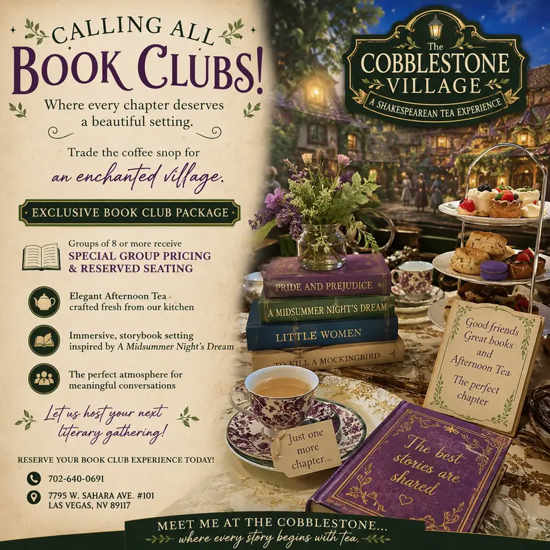 Book club event flyer for The Cobblestone Village, offering tea, pastries, reserved seating, and themed experiences in a vintage Shakespearean setting, with book stacks, flowers, and desserts pictured.