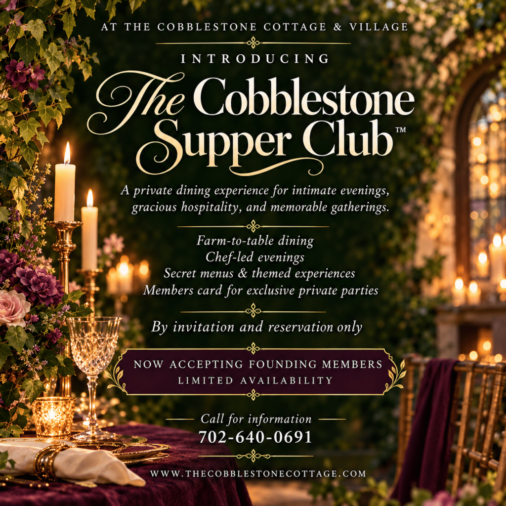 Elegant, candlelit table with gold and crystal decor, promoting The Cobblestone Supper Club, a private dining experience, now accepting founding members. Contact: 702-640-0691. Text highlights exclusive, chef-led events.