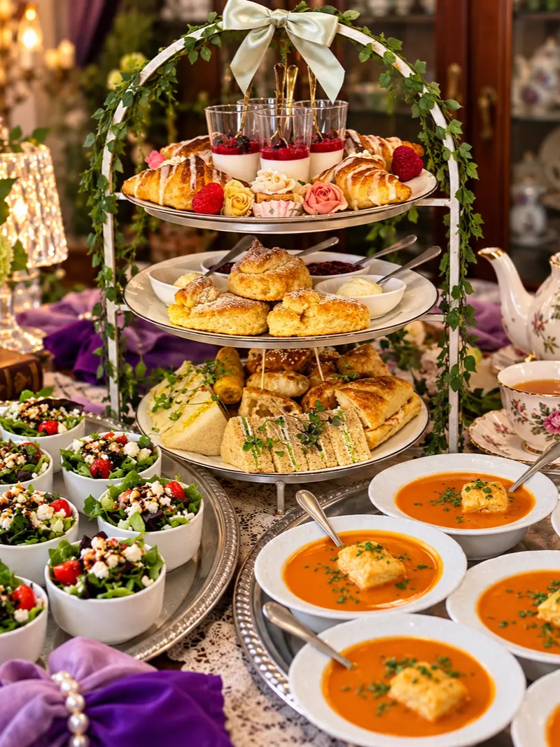 A tiered stand with pastries, scones, and desserts is set among bowls of salad, plates of soup, a teapot, teacups, and floral decor on a richly decorated table.