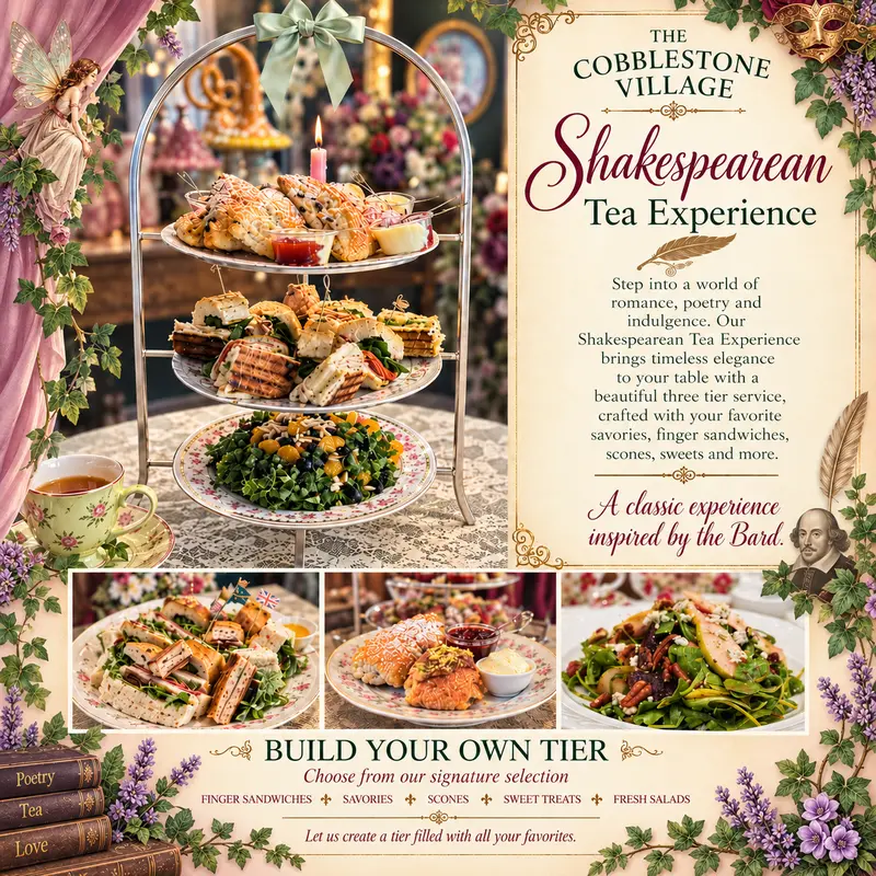 A tiered tray of assorted sandwiches, pastries, and savories on a decorated table for a Shakespearean-themed tea experience, surrounded by floral decor and menu details.