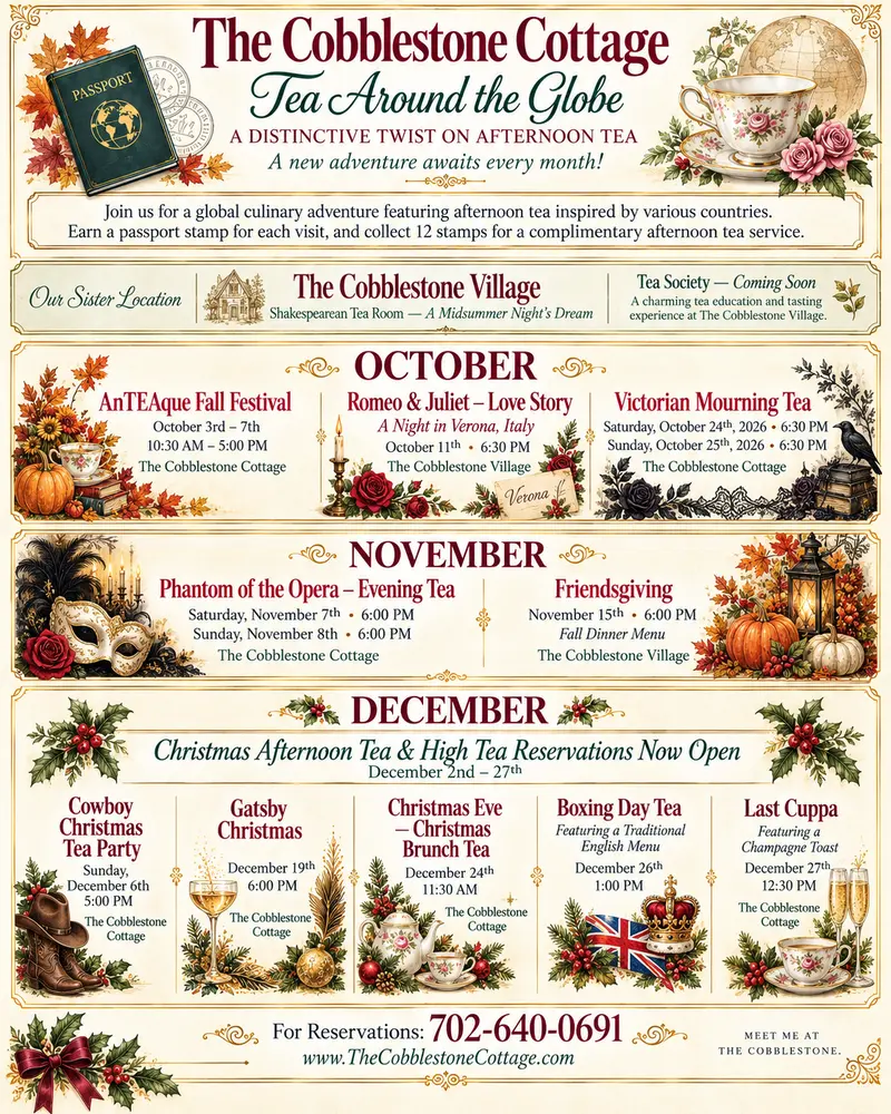 A decorative event flyer for The Cobblestone Cottage advertising themed afternoon teas from October to December, featuring stories like Romeo & Juliet, Phantom of the Opera, and Christmas, with booking details at the bottom.